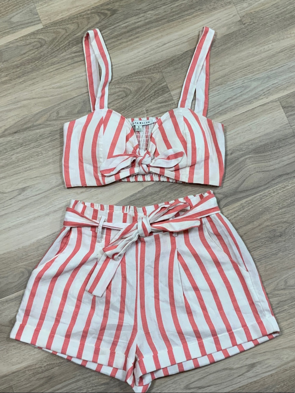 Haute Monde Coral and White Striped High-Waist Tie Shorts w/ Matching Top